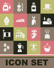 Poster - Set Bottle of olive oil, Italian cook, Village landscape, Perfume, Sport racing car, Pope hat, and Woman dress icon. Vector