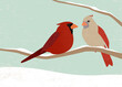© MLWilson - A male and female cardinal on a snowy branch in a cut paper style with textures