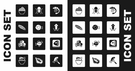 Wall Mural - Set Shrimp, Fish hedgehog, steak, Caviar, Octopus, head and Sushi on cutting board icon. Vector