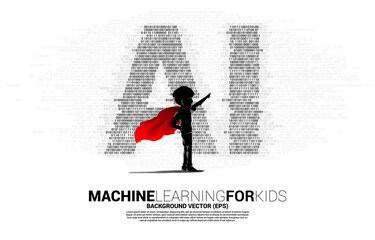 Poster - Silhouette of kid in superhero suit with dot zero and one binary code shaped AI. Concept for machine learning and artificial intelligence for future.