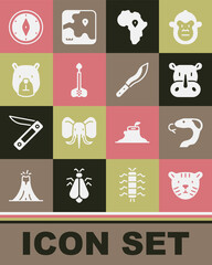  Set Tiger head, Snake, Rhinoceros, Map of Africa, Arrow, Bear, Compass and Machete icon. Vector