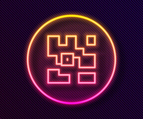 Poster - Glowing neon line QR code sample for smartphone scanning icon isolated on black background. Vector