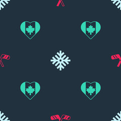 Poster - Set Ice hockey sticks, Snowflake and Heart shaped Canada flag on seamless pattern. Vector