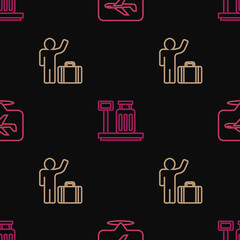 Sticker - Set line Plane, Tourist with suitcase and Scale on seamless pattern. Vector