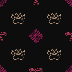 Poster - Set line Ice hockey sticks, Bear paw footprint and Snowflake on seamless pattern. Vector