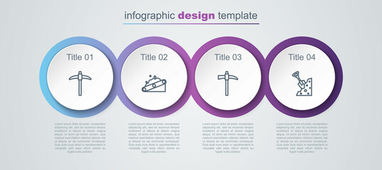 Sticker - Set line Pickaxe, Conveyor belt carrying coal, and Shovel and stone. Business infographic template. Vector