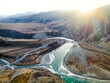 confluence of Katun river and Chuya river along Altai mountains , Russia. sunrise, sunset,