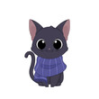 Ręcznie rysowany uroczy mały czarny kotek w fioletowym ciepłym szaliku. Wektorowa ilustracja zadowolonego, siedzącego kota. Słodki, chętny do zabawy zwierzak. Kot gotowy na zimę.