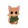 Ręcznie rysowany uroczy mały rudy kotek w zielonym ciepłym szaliku. Wektorowa ilustracja zadowolonego, siedzącego kota. Słodki, chętny do zabawy zwierzak. Kot gotowy na zimę.