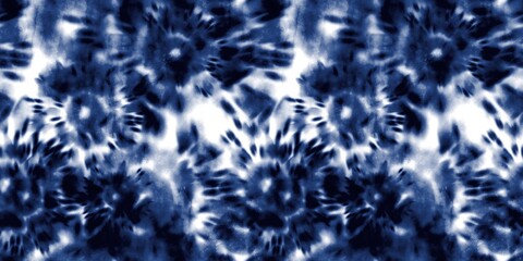 Seamless indigo tie dye 1970s funky hippie repeat pattern swatch motif for surface design and print. High quality illustration. Vibrant navy blue apparel material print. Psychedelic textile design.