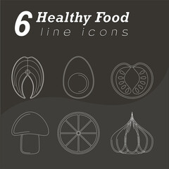 6 healthy food line icons in white on black background