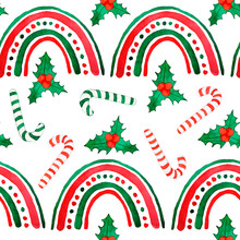 Watercolor Hand Drawn Seamless Pattern With Boho Rainbows Holly Candy Sticks. Green Red Christmas Elements On White Background, Festive Holiday Winter Celebration, Funny Abstract Traditional Print.