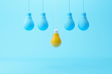 Wall Mural - Hanging light bulb yellow outstanding among lightbulb group. Concept of creative idea and innovation, Unique, Think different, Individual and standing out from the crowd. 3d render illustration