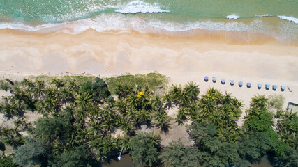 Aerial view top view of Coconut palm trees on the beautiful Karon beach Phuket Thailand Amazing sea beach sand tourist travel destination in andaman sea Beautiful phuket island Travel and tour concept