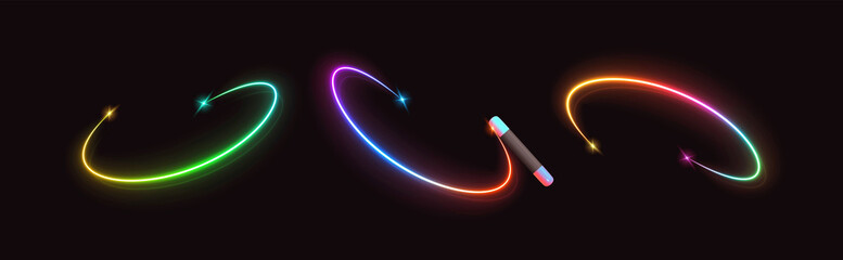 Poster - The magic wand waves and leaves a multicolored ring of neon light trail. Realistic set isolated. vector illustration