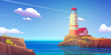 Lighthouse On Rock Island In Sea. Vector Cartoon Illustration Of Summer Landscape Of Ocean Shore With Beacon And Building On Cliff. Seascape With Nautical Navigation Tower With Lamp On Coast