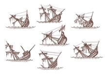 Sunken Sailing Brigantine, Brig, Corvette And Frigate Ship Sketches, Shipwreck Vector Vintage Map Elements. Isolated Broken Sailing Ships Or Sailboats With Sea Waves, Damaged Sails And Masts