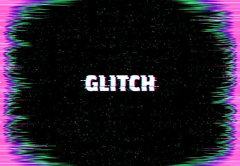 Aufkleber - Glitch screen vector background, monitor error glitch effect with color digital pixel noise frame border and tv static error backdrop. Television bad signal or broken VHS video tape rewind texture