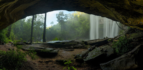 Aufkleber - Beautiful cave and waterfalls in the deep forest.