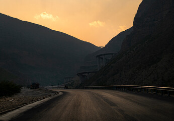 landscape of bridges on the road in golden light , FORT MUNRO STEEL BRIDGE dg khan road Punjab Pakistan