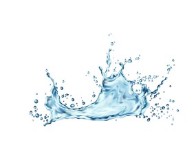 Wall Mural - Transparent blue water wave splash with drops. Falling blue aqua, pure liquid or realistic vector fresh water frozen motion splash with droplets and bubbles, clean water spray