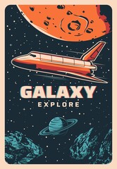 Poster - Space shuttle in galaxy flight, cosmos exploration and planets spaceflight, vector retro poster. Rocket shuttle spacecraft or cosmic spaceship on earth and moon planet orbit in asteroids and meteors