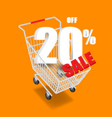 Wall Mural - 20% off and sale text 3d in a shopping cart and all object floating in the air for advertising promotion sale,vector 3d isolated on orange background