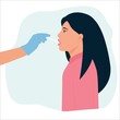 Doctor taking sample saliva for DNA test from womanin clinic.Mouth saliva test using swab.Vector illustration