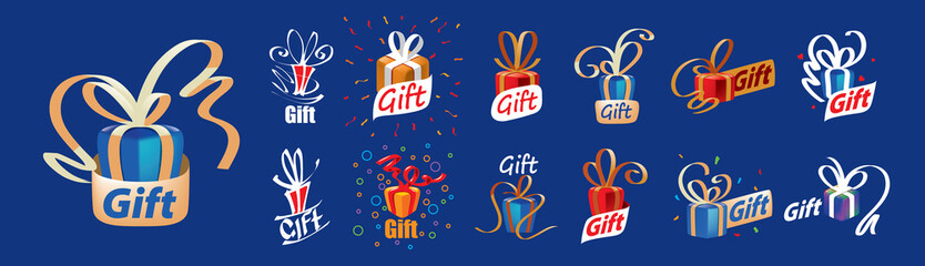 Wall Mural - a set of vector gift logos on a blue background