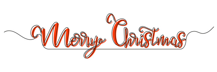 Wall Mural - Continuous single line drawing of lettering Merry Christmas. Merry Christmas red isolated on white background. Vector illustration