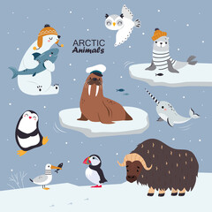 Sticker - Arctic Animal with Penguin and Polar Bear in Warm Knitted Hat Vector Illustration