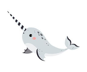 Sticker - Cute Narwhal as Arctic Animal with Long Tusk Vector Illustration