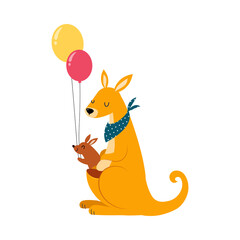 Wall Mural - Kangaroo as Australian Animal with Baby Sitting in Pouch and Holding Balloons Vector Illustration