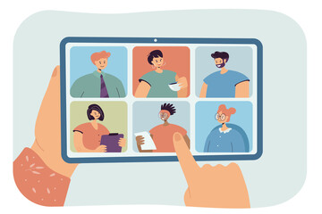 Aufkleber - Hands holding tablet with group video call on screen. Friends or colleagues having virtual conference, workplace community flat vector illustration. Communication, teamwork, technology concept