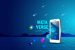 Metaverse, virtual reality technology, user interface 3D experience with smartphone and digital devices. Smartphone with word metaverse in virtual space and universe.