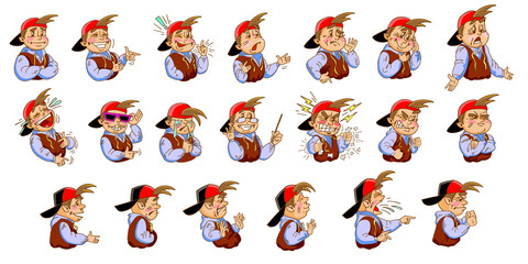 Poster - Different face expressions of cartoon kid sticker set. Vector illustrations. Boy with positive, negative emotions: amazed, confused, laughing, crying, shocked, angry. Emotions concept for social media