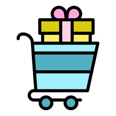 Poster - Bonus gift shop cart icon. Outline bonus gift shop cart vector icon color flat isolated