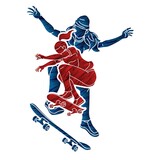 Fototapeta Młodzieżowe - Group of People Playing Skateboard Together Skateboarder Action Extreme Sport Cartoon Graphic Vector