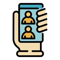 Sticker - Phone video conference icon. Outline phone video conference vector icon color flat isolated