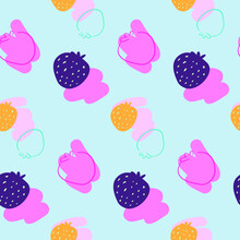 Bright Cartoon Style Strawberry Vector Pattern On The Blue Background. Abstract Berries. Pink, Blueberry Contours. Purple, Orange Strawberries. Fresh And Tasty. Sweet Fruits Pattern. Pink Abstract.