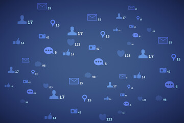 Aufkleber - Creative social media icons on blue background. Like, network, technology and communication concept. 3D Rendering.