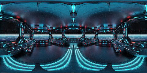 Leinwandbilder - HDRI panoramic view of dark blue spaceship interior with windows. High resolution 360 degrees panorama reflection mapping of a futuristic spacecraft 3D rendering