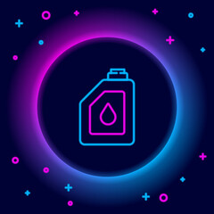 Sticker - Glowing neon line Canister for motor machine oil icon isolated on black background. Oil gallon. Oil change service and repair. Engine oil sign. Colorful outline concept. Vector