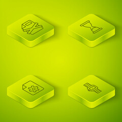 Poster - Set Isometric line Old hourglass, Document settings, Wrist watch and Delete file document icon. Vector