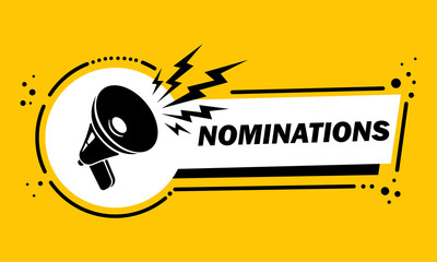 Megaphone with Nominations speech bubble banner. Loudspeaker. Label for business, marketing and advertising. Vector on isolated background. EPS 10