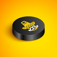 Sticker - Isometric line Mexican man wearing sombrero icon isolated on yellow background. Hispanic man with a mustache. Black circle button. Vector