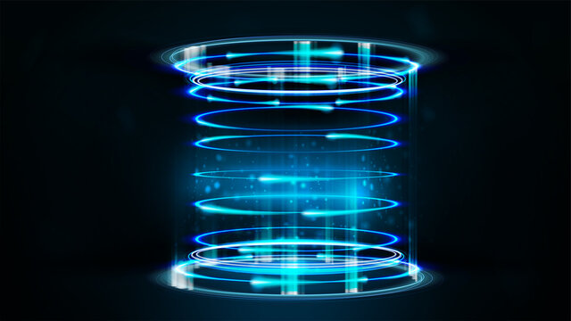 Blue neon digital portal in cylindrical shape with shiny swirl rings
