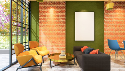 3D illustration Mockup photo frame in lounge rendering