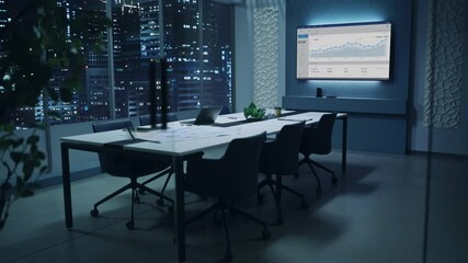 Aufkleber - Modern Empty Meeting Room with Big Conference Table with Various Documents and Laptop on it. Wall TV Showing Company's Growth, Statistics, Line Graph. Late Evening or Night City Outside.