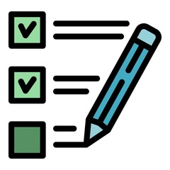 Sticker - Certificate list pen write icon. Outline certificate list pen write vector icon color flat isolated